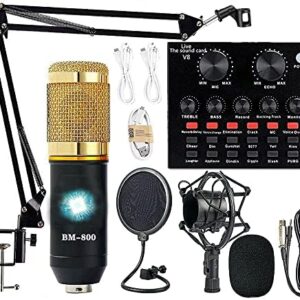 Podcast Equipment Bundle, BM-800 Recording Studio Package with Voice Changer, Live Sound Card - Audio Interface for Laptop Computer Vlog Living Broadcast Live Streaming YouTube TikTok (AM100-V8)