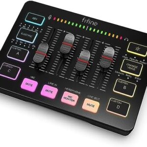 FIFINE Gaming Audio Mixer, Streaming RGB PC Mixer with XLR Microphone Interface, Individual Control, Volume Fader, Mute Button, 48V Phantom Power, for Podcast/Recording/Vocal/Game Voice-AmpliGame SC3