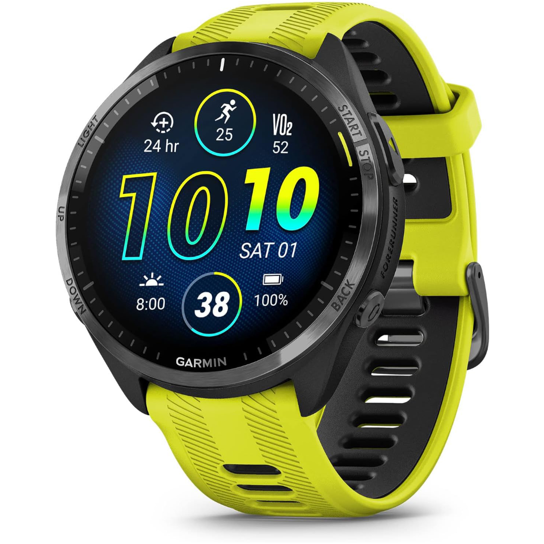 Render of Garmin Forerunner 965 with Carbon Gray DLC titanium bezel and Amp yellow/black silicone bracelet