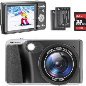 4K Digital Camera,Autofocus 48MP Vlogging Camera for Photography YouTube Compact Camera with Flash,18X Digital Zoom, Anti Shake, Macro Photography, 32G SD Card and 2 Batteries