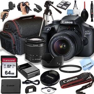 Canon 4000D (EOS Rebel T100) DSLR Camera w/EF-S 18-55mm F/3.5-5.6 Zoom Lens + 64GB Memory Card, Case, Hood, Tripod, Grip-Pod, Filter, Professional Photo Bundle(24pc) (Renewed)