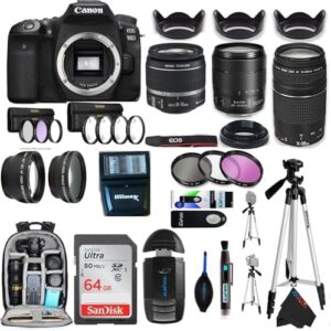 Canon EOS 90D DSLR Camera with Three Lens Bundle - 18-135mm Lens + 75-300mm III Lens + EF 18-55mm Lens and PixiBytes Advanced Bundle (Renewed) (International Version)