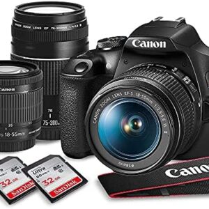 Canon T7 EOS Rebel DSLR Camera with 18-55mm and 75-300mm Lenses Kit & 32GB Dual SD Card Accessory Bundle (Renewed)