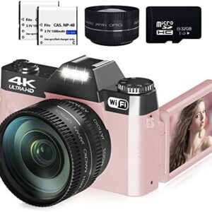 Digital Cameras for Photography, 4K 48MP Vlogging Camera for YouTube with WiFi, Manual Focus, 16X Digital Zoom, 52mm Wide Angle Lens & Macro Lens, 32GB TF Card and 2 Batteries(Pink)