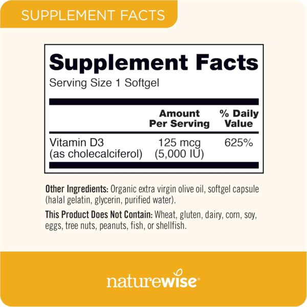 NatureWise Vitamin D3 5000iu (125 mcg) 1 Year Supply for Healthy Muscle Function, and Immune Support, Non-GMO, Gluten Free in Cold-Pressed Olive Oil, Packaging Vary ( Mini Softgel), 360 Count - Image 3