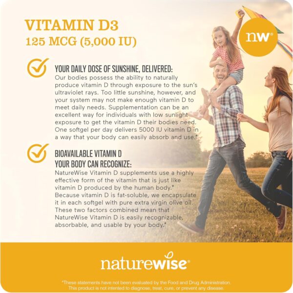 NatureWise Vitamin D3 5000iu (125 mcg) 1 Year Supply for Healthy Muscle Function, and Immune Support, Non-GMO, Gluten Free in Cold-Pressed Olive Oil, Packaging Vary ( Mini Softgel), 360 Count - Image 4