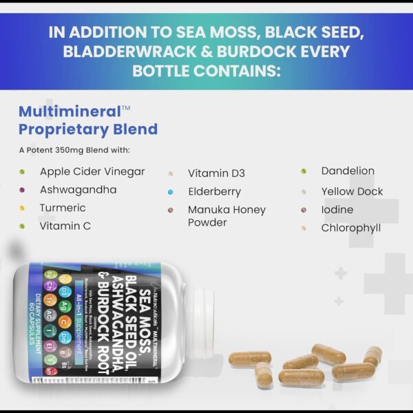 Clean Nutraceuticals Sea Moss Black Seed Oil Ashwagandha Turmeric Bladderwrack Burdock & Vitamin C Vitamin D3 with Elderberry Manuka Dandelion Yellow Dock Iodine Chlorophyll ACV - Image 4