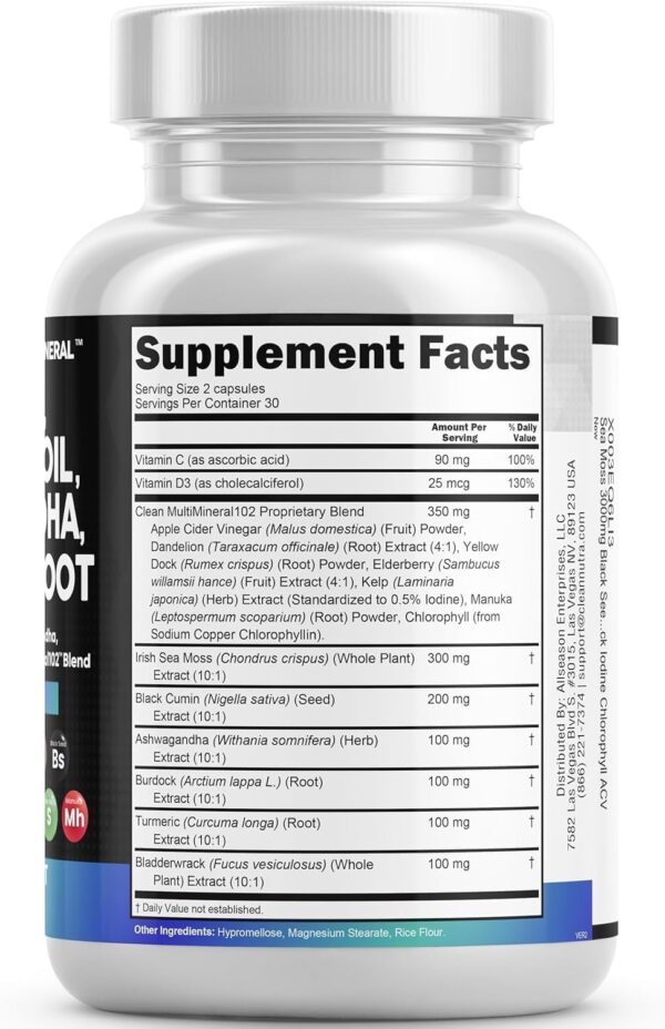 Clean Nutraceuticals Sea Moss Black Seed Oil Ashwagandha Turmeric Bladderwrack Burdock & Vitamin C Vitamin D3 with Elderberry Manuka Dandelion Yellow Dock Iodine Chlorophyll ACV - Image 6