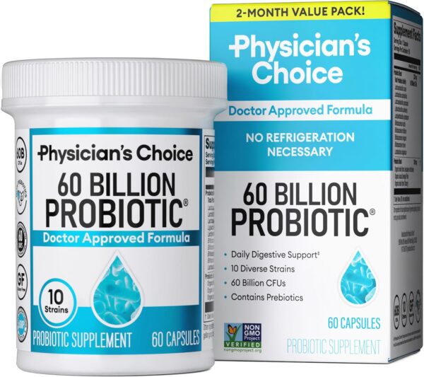 Physician's CHOICE Probiotics 60 Billion CFU - 10 Strains + Organic Prebiotics - Immune, Digestive & Gut Health - Supports Occasional Constipation, Diarrhea, Gas & Bloating - for Women & Men - 60ct