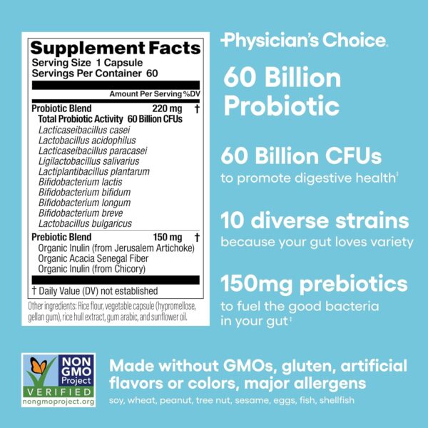 Physician's CHOICE Probiotics 60 Billion CFU - 10 Strains + Organic Prebiotics - Immune, Digestive & Gut Health - Supports Occasional Constipation, Diarrhea, Gas & Bloating - for Women & Men - 60ct - Image 6