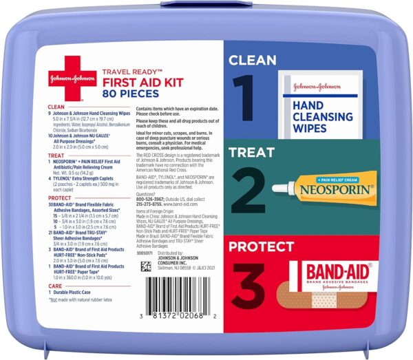 Johnson & Johnson Travel Ready Portable Emergency First Aid Kit for Minor Wound Care with Assorted Adhesive Bandages, Gauze Pads & More, Ideal for Travel, Car & On-The-Go, 80 pc - Image 6