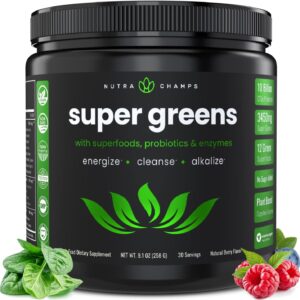 NutraChamps Super Greens Powder Premium Superfood | 20+ Organic Green Veggie Whole Foods | Wheat Grass, Spirulina, Chlorella | Antioxidant, Digestive Enzyme & Probiotic Blends (9.0 Oz, Berry)