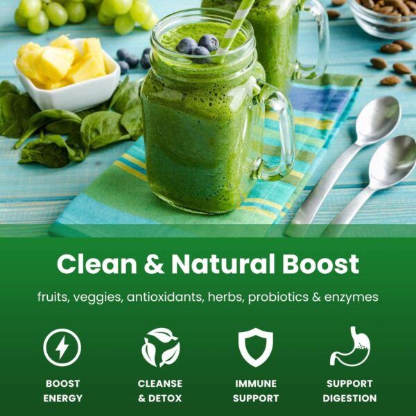 NutraChamps Super Greens Powder Premium Superfood | 20+ Organic Green Veggie Whole Foods | Wheat Grass, Spirulina, Chlorella | Antioxidant, Digestive Enzyme & Probiotic Blends (9.0 Oz, Berry) - Image 3