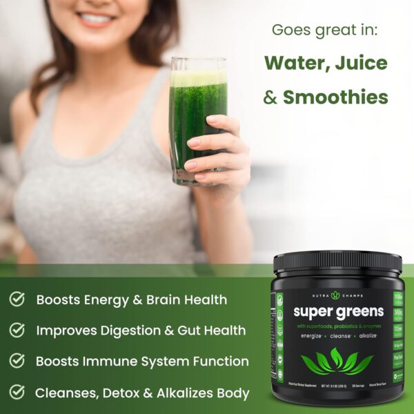 NutraChamps Super Greens Powder Premium Superfood | 20+ Organic Green Veggie Whole Foods | Wheat Grass, Spirulina, Chlorella | Antioxidant, Digestive Enzyme & Probiotic Blends (9.0 Oz, Berry) - Image 4