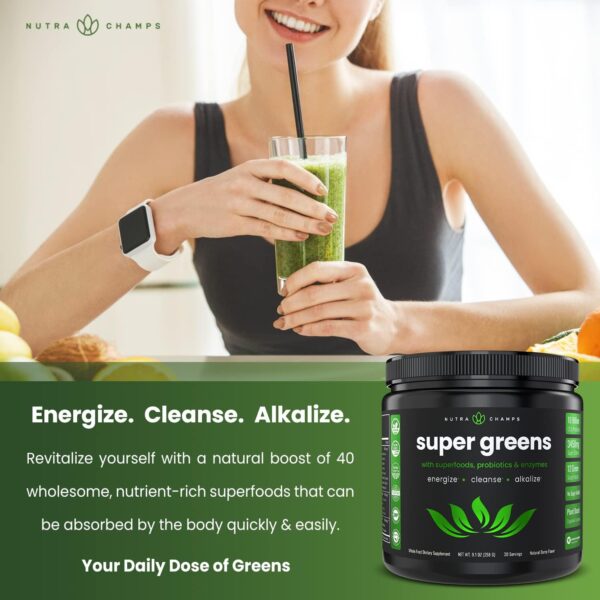 NutraChamps Super Greens Powder Premium Superfood | 20+ Organic Green Veggie Whole Foods | Wheat Grass, Spirulina, Chlorella | Antioxidant, Digestive Enzyme & Probiotic Blends (9.0 Oz, Berry) - Image 5