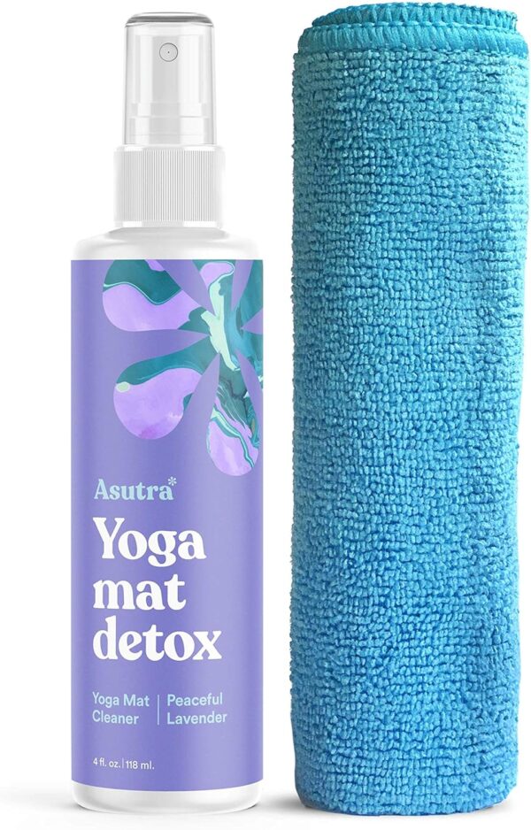 ASUTRA Yoga Mat Cleaner Spray (Peaceful Lavender), 4 fl oz - No Slippery Residue, Organic Essential Oils, Deep-Cleansing for Fitness Gear & Gym Equipment, Microfiber Towel Included