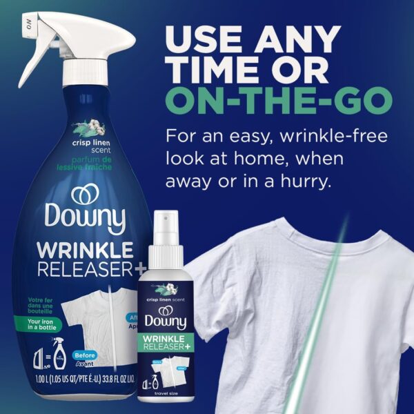 Downy Wrinkle Releaser Spray All In One Wrinkle Release Spray Travel Size, Odor Eliminator, Static Remover Fabric Refresher & Ironing Aid for Clothes 3 Fl Oz (Pack of 2), Crisp Linen Scent - Image 5