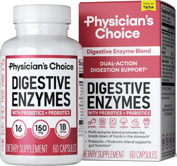 Physician's CHOICE Digestive Enzymes - Multi Enzymes, Organic Prebiotics & Probiotics for Digestive Health & Gut Health - Meal Time Discomfort Relief & Bloating - Dual Action Approach - 60 CT