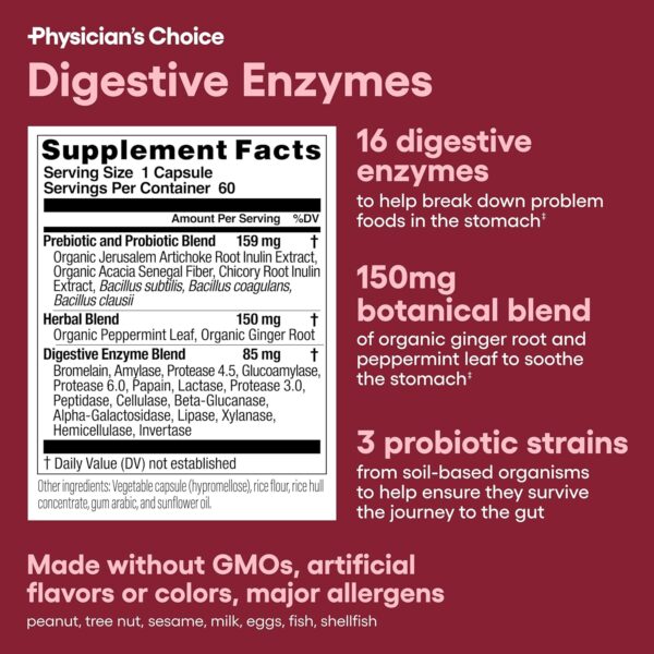 Physician's CHOICE Digestive Enzymes - Multi Enzymes, Organic Prebiotics & Probiotics for Digestive Health & Gut Health - Meal Time Discomfort Relief & Bloating - Dual Action Approach - 60 CT - Image 5