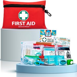 General Medi Mini First Aid Kit, 110 Piece Small First Aid Kit - Includes Emergency Foil Blanket, Scissors for Travel, Home, Office, Vehicle, Camping, Workplace & Outdoor (Red)