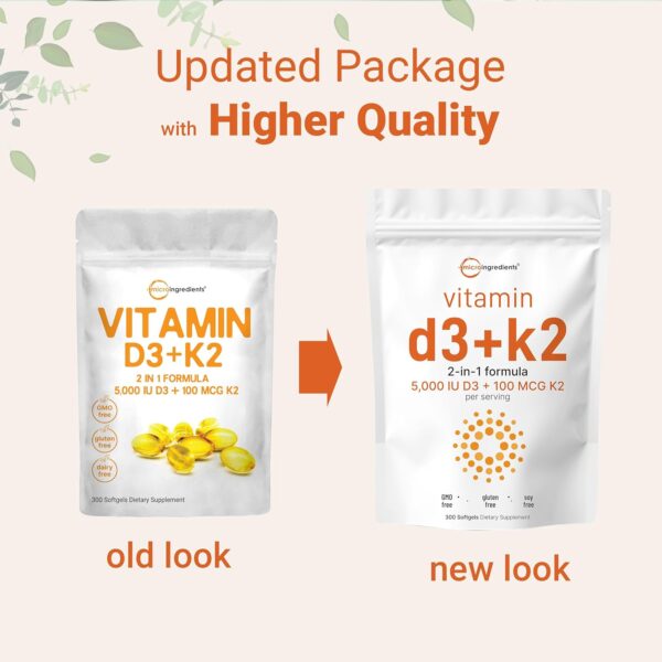 Micro Ingredients Vitamin D3 5000 IU with K2 100 mcg, 300 Soft-Gels | K2 MK-7 with D3 Vitamin Supplement, 2 in 1 Support Immune, Heart, Joint, Teeth & Bone Health - Easy to Swallow - Image 3