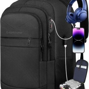 Lapsouno Travel Backpack, Large Carry on Backpack, 17 Inch Laptop Backpack, Big Backpack, Extra Sturdy TSA Friendly with USB Port College School Rucksack Bag Backpack Gifts for Him Men Women, Black