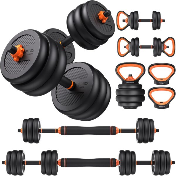 FEIERDUN Adjustable Dumbbells, 20/30/40/45/70/90lbs Free Weight Set with Connector, 5 in1 Dumbbells Set Used as Barbell, Kettlebells, Push up Stand, Weight Plate, Fitness Exercises for Home Gym Suitable Men/Women