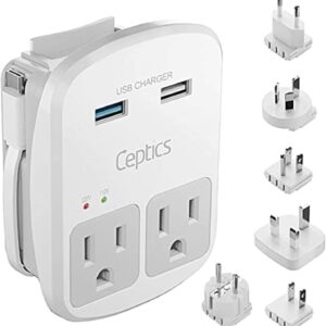 Ceptics Universal Travel Adapter Kit - 2 USB, USB-C Cord+2 US Outlets QC 3.0, Surge Protection, Plugs for Europe, UK, China, Australia, Japan - Perfect for Laptop, Cell Phones, Cameras,Safe ETL Tested