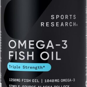 Sports Research Triple Strength Omega 3 Fish Oil - Burpless Fish Oil Supplement w/EPA & DHA Fatty Acids from Single-Source Wild Alaska Pollock - 1250 mg, 90 ct