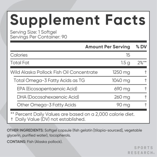 Sports Research Triple Strength Omega 3 Fish Oil - Burpless Fish Oil Supplement w/EPA & DHA Fatty Acids from Single-Source Wild Alaska Pollock - 1250 mg, 90 ct - Image 6