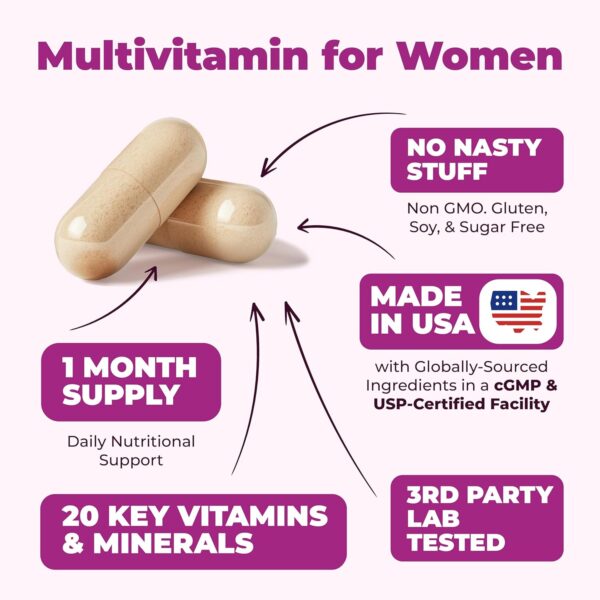 Multivitamin for Women - Daily Womens Multivitamin & Multimineral with Vitamin A, C, D, E, B12, Zinc and More Vitamins for Women - Womens Vitamins for Energy, Focus, and Womens Health. 60 Capsules - Image 4