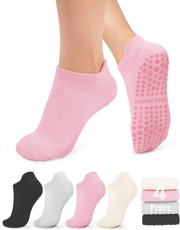 yeuG 4/6 Pairs Pilates Socks for Women Non Slip Grip Socks Yoga Socks Ankle Grippy Socks Woman for Barre, Hospital, Barefoot