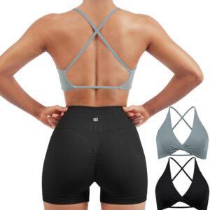 SUUKSESS Women 2 Piece Open Back Strappy Sports Bra Pack Twist V Neck Workout Crops