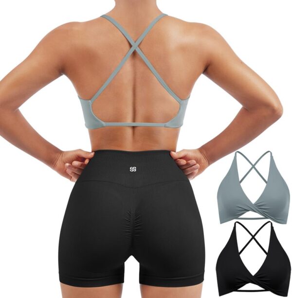 SUUKSESS Women 2 Piece Open Back Strappy Sports Bra Pack Twist V Neck Workout Crops