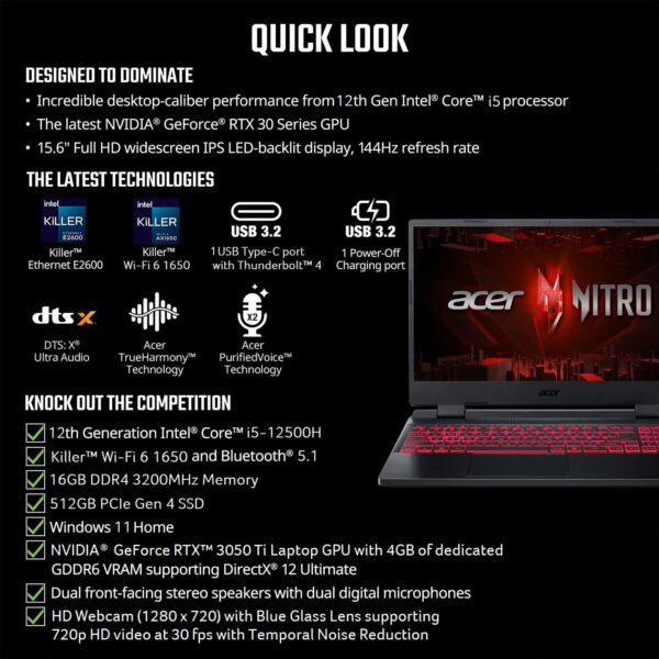 Acer Nitro 5 AN515-58-57Y8 Gaming Laptop | Intel Core i5-12500H | NVIDIA GeForce RTX 3050 Ti Laptop GPU | 15.6" FHD 144Hz IPS Display | 16GB DDR4 | 512GB Gen 4 SSD | Killer Wi-Fi 6 | Backlit Keyboard - Image 6