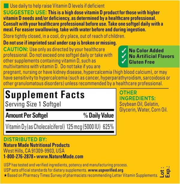 Nature Made Extra Strength Vitamin D3 5000 IU (125 mcg), Dietary Supplement for Bone, Teeth, Muscle and Immune Health Support, 180 Softgels, 180 Day Supply - Image 5