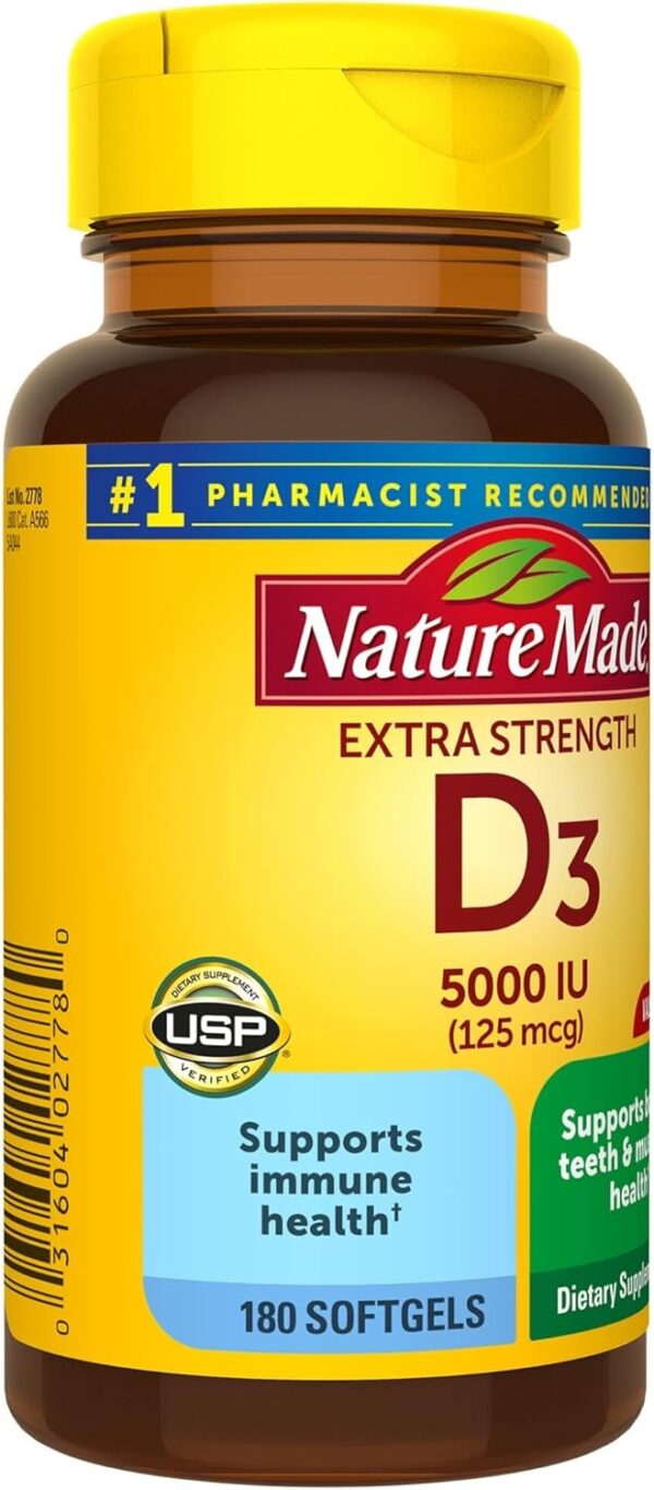 Nature Made Extra Strength Vitamin D3 5000 IU (125 mcg), Dietary Supplement for Bone, Teeth, Muscle and Immune Health Support, 180 Softgels, 180 Day Supply - Image 7