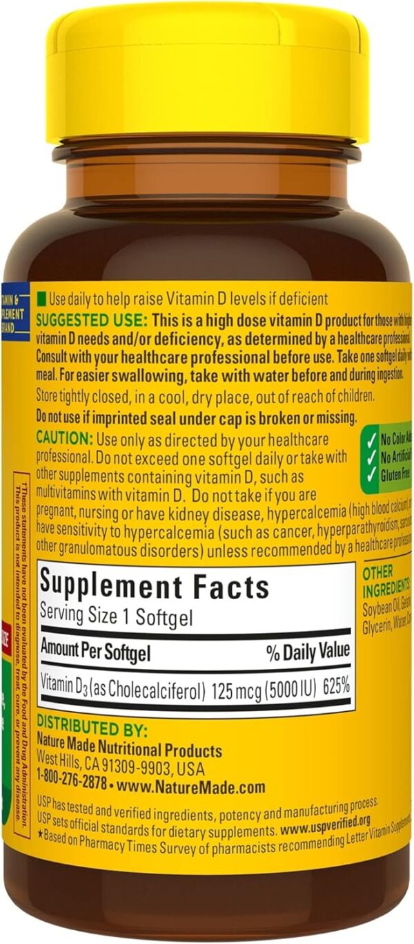 Nature Made Extra Strength Vitamin D3 5000 IU (125 mcg), Dietary Supplement for Bone, Teeth, Muscle and Immune Health Support, 180 Softgels, 180 Day Supply - Image 8