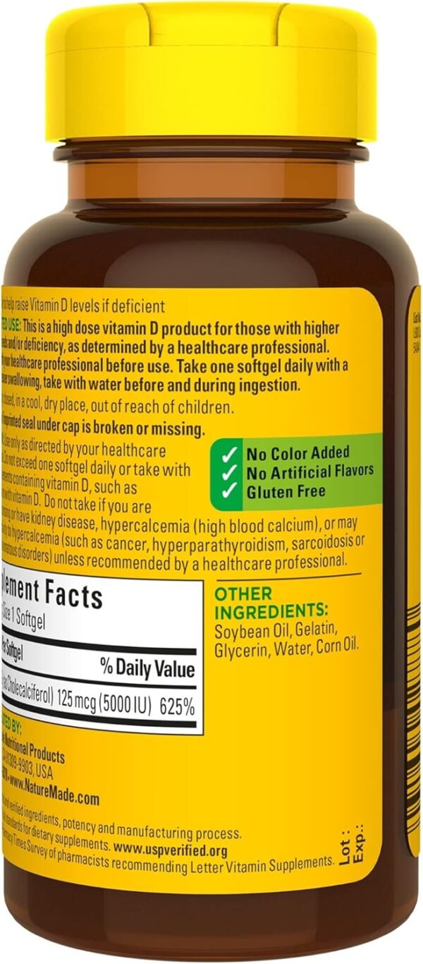 Nature Made Extra Strength Vitamin D3 5000 IU (125 mcg), Dietary Supplement for Bone, Teeth, Muscle and Immune Health Support, 180 Softgels, 180 Day Supply - Image 9