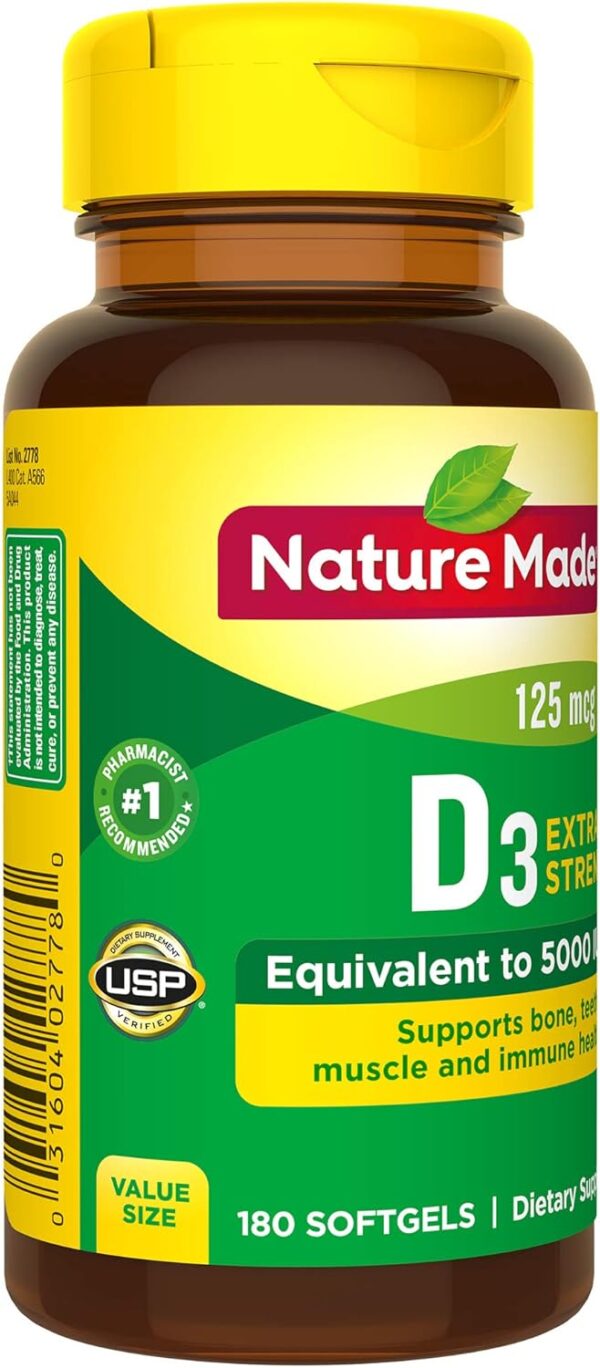 Nature Made Extra Strength Vitamin D3 5000 IU (125 mcg), Dietary Supplement for Bone, Teeth, Muscle and Immune Health Support, 180 Softgels, 180 Day Supply - Image 10