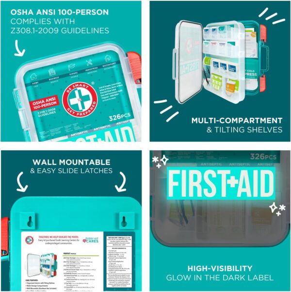 Be Smart Get Prepared First Aid Kit, Teal, 326 Piece, Exceeds OSHA and ANSI Guidelines 100 People - Office, Home, Car, School, Emergency, Survival, Camping, Hunting and Sports - Image 4