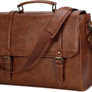 IGOLUMON Messenger Bag for Men 15.6 inch Vintage Leather Waterproof Laptop Briefcase Large Computer Laptop Bag Leather Satchel Bag Retro Shoulder Bag for Office Business Travel College, Brown