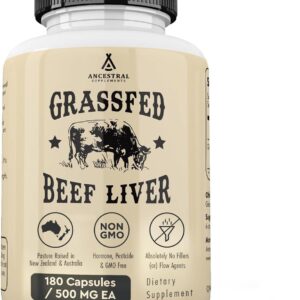 Ancestral Supplements Grass Fed Beef Liver 180 Capsules, Supports Energy Production, Detoxification, Digestion, Immunity and Full Body Wellness, Non-GMO, Freeze Dried Liver Health Supplement