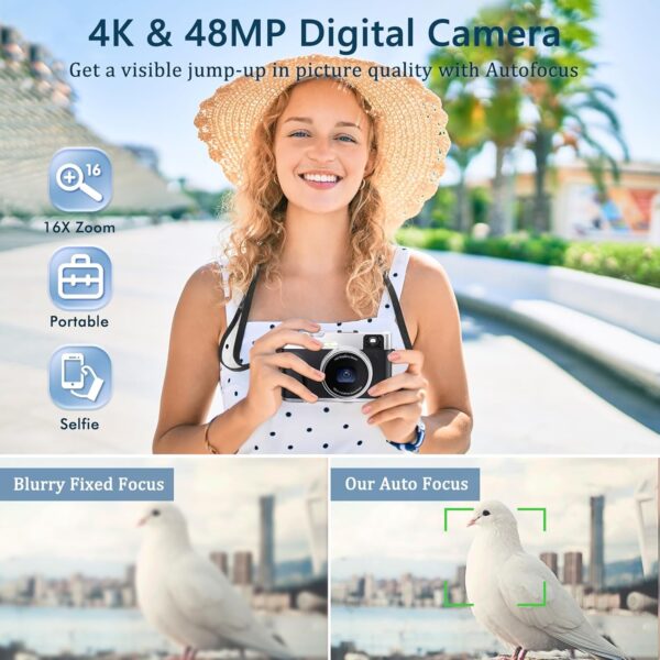 4K Digital Camera with Viewfinder & Flash, Autofocus 48MP Cameras for Photography Vlogging Compact Travel Camera for Adults Teens with Classic Dial, Time Lapse, Selfie, 16X Zoom, 32GB SD Card - Image 2