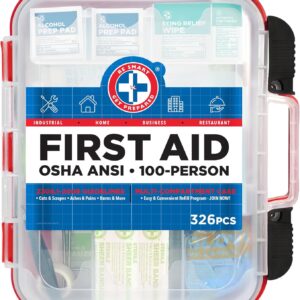 Be Smart Get Prepared First Aid Kit Hard Red Case 326 Pieces Exceeds OSHA and ANSI Guidelines 100 People - Office, Home, Car, School, Emergency, Survival, Camping, Hunting and Sports (20HBC01015REV3)