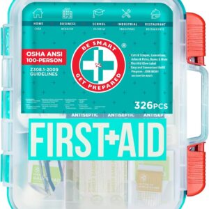 Be Smart Get Prepared First Aid Kit, Teal, 326 Piece, Exceeds OSHA and ANSI Guidelines 100 People - Office, Home, Car, School, Emergency, Survival, Camping, Hunting and Sports