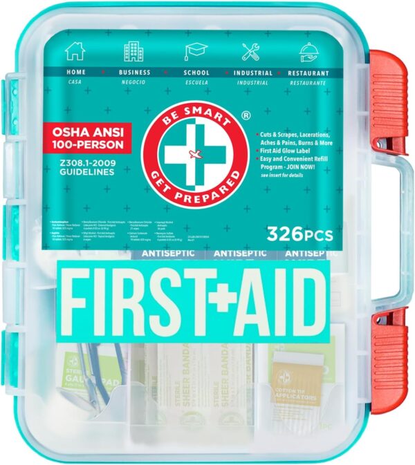 Be Smart Get Prepared First Aid Kit, Teal, 326 Piece, Exceeds OSHA and ANSI Guidelines 100 People - Office, Home, Car, School, Emergency, Survival, Camping, Hunting and Sports