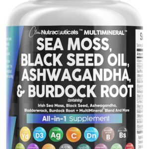 Clean Nutraceuticals Sea Moss Black Seed Oil Ashwagandha Turmeric Bladderwrack Burdock & Vitamin C Vitamin D3 with Elderberry Manuka Dandelion Yellow Dock Iodine Chlorophyll ACV