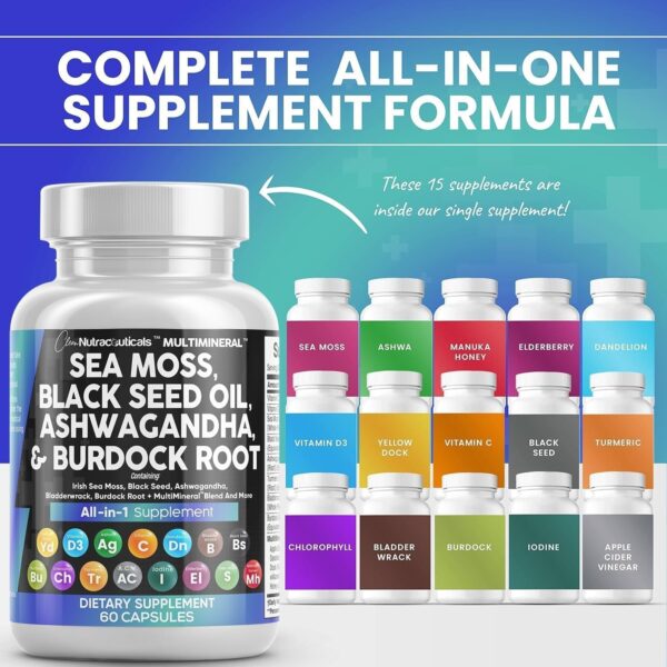 Clean Nutraceuticals Sea Moss Black Seed Oil Ashwagandha Turmeric Bladderwrack Burdock & Vitamin C Vitamin D3 with Elderberry Manuka Dandelion Yellow Dock Iodine Chlorophyll ACV - Image 2