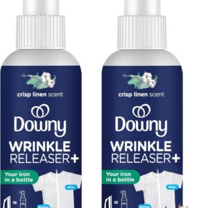 Downy Wrinkle Releaser Spray All In One Wrinkle Release Spray Travel Size, Odor Eliminator, Static Remover Fabric Refresher & Ironing Aid for Clothes 3 Fl Oz (Pack of 2), Crisp Linen Scent